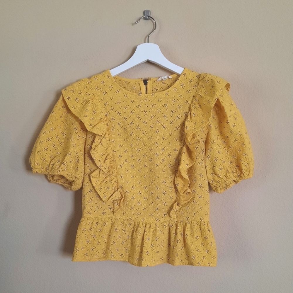 Cotton Eyelet Puff Sleeve Yellow Ruffle Blouse Cottage Cottagecore Feminine